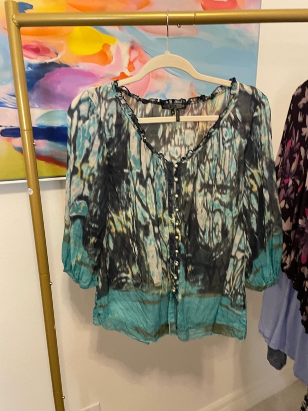 Silk Boho Tie-Dye Peasant Blouse in Teal and Black Small business casual work